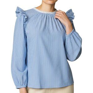 J.Crew Blue & White Stripe Ruffle Shoulder Cap Sleeve Blouse Women's Size XS